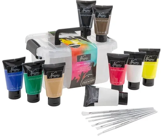 Nassau Akrylmaling, sæt med 9 tuber af 75 ml. inkl. 6 pensler
